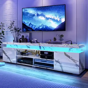 73 Inch LED TV Stand for 80/85 Inch TV, High Gloss TV Cabinet with Power Outlet, Modern TV Console Entertainment Center with Storage and LED Lights for Living Room, Black/White/Black Carbon Fiber/Black Marble/White Marble