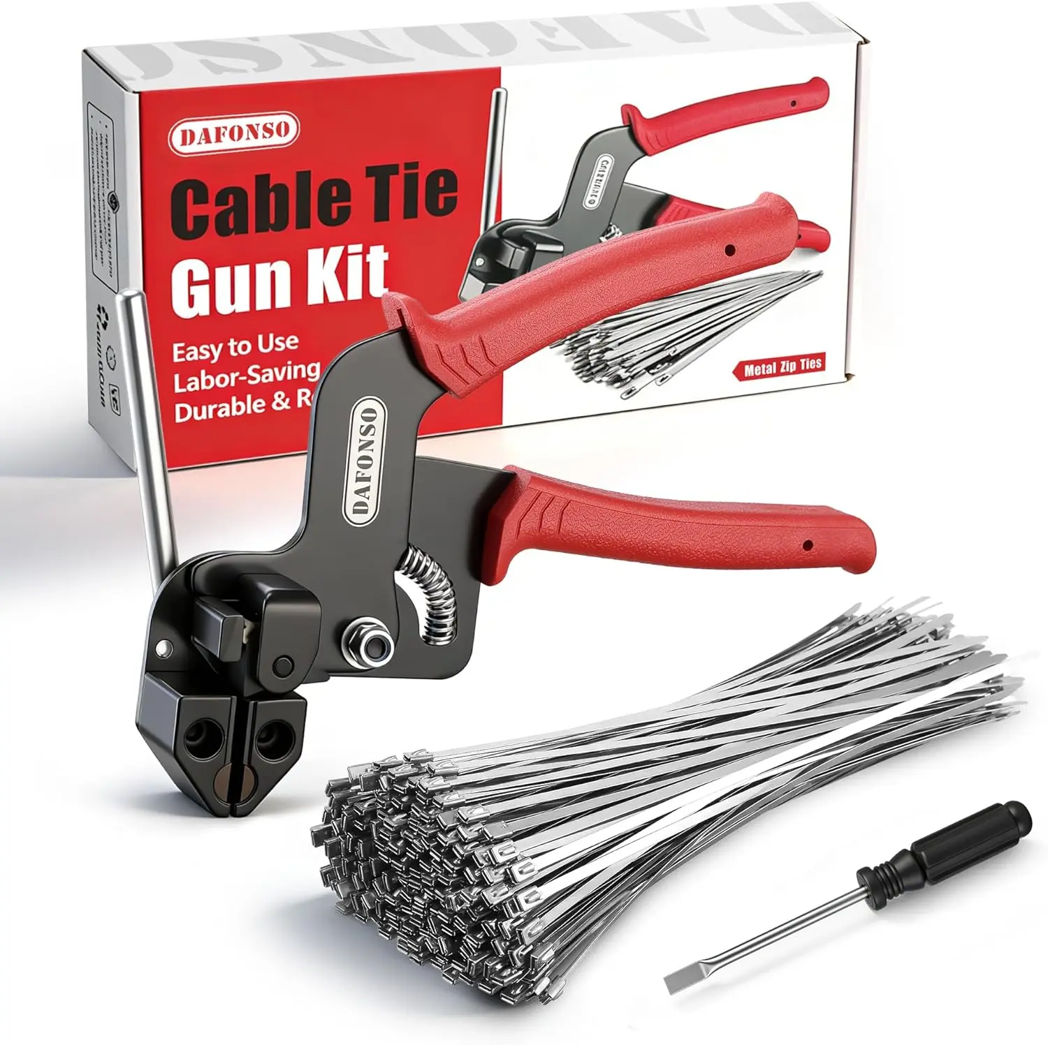 DAFONSO 304 Stainless Steel Cable Tie Gun Kit - 1 Metal Tensioning Gun, 1 Unlocking Tool, 110 Pcs Ties (11.8in), 200LBS Tensile Strength, UV Resistant for Outdoor Securing, Chicken Coops, Auto Projects, Heavy Duty