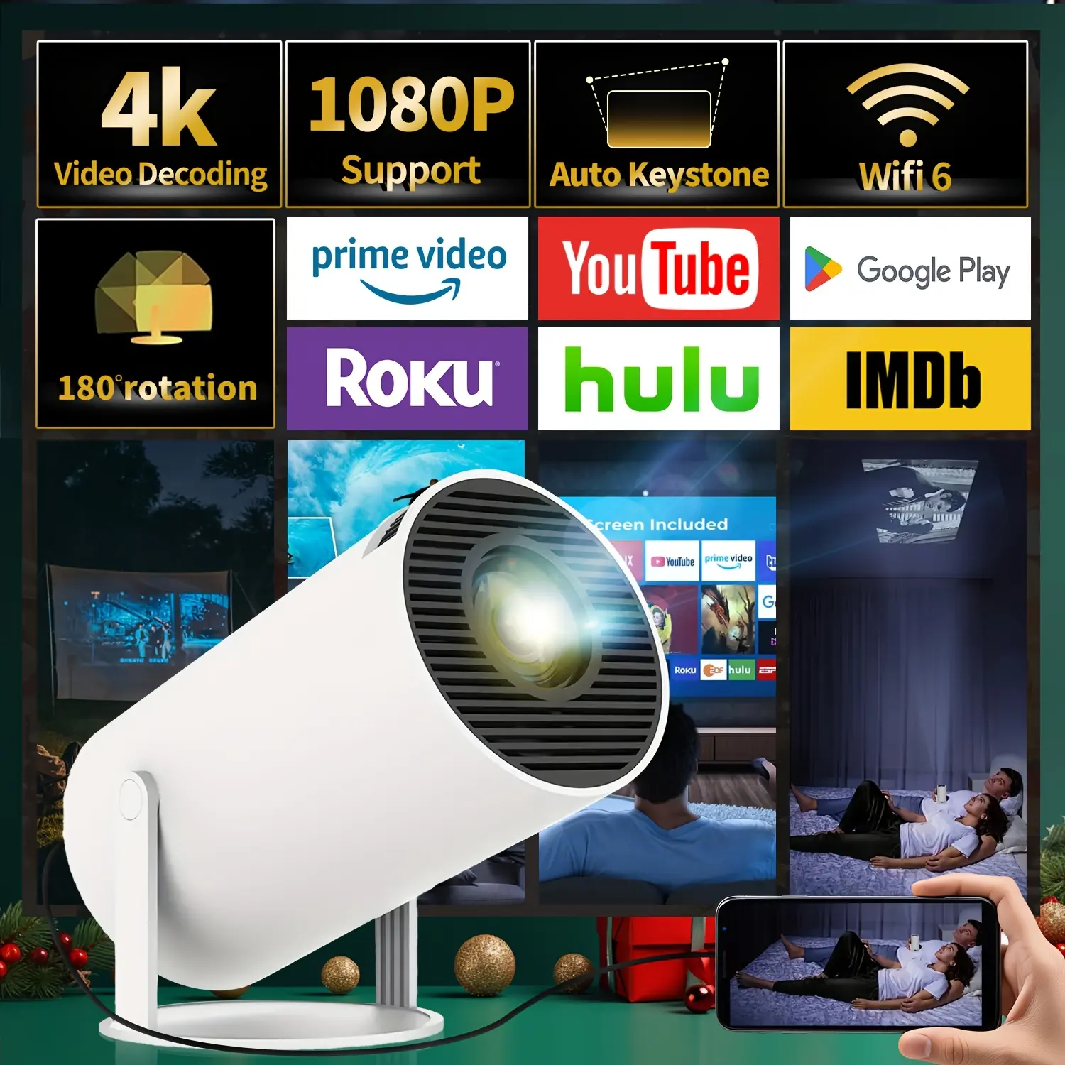 Compact Smart Mini Projector with WiFi 6 & Wireless 5.0,  TVAuto Focus & Keystone - HD 1080P Support, 180 °   Rotation for Hom, Smartphone & Tablet Compatibility, Portable Media Projector | Contemporary Tech Gadget | Compact Projector, Compact Travel Acce
