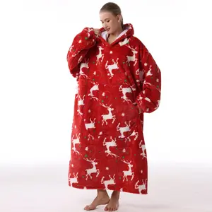 Christmas Deer Hooded Blanket Jacket, Rabbit Fur Fabric, Large Apple Embroidery Pocket, Unisex, Winter Casual Wear