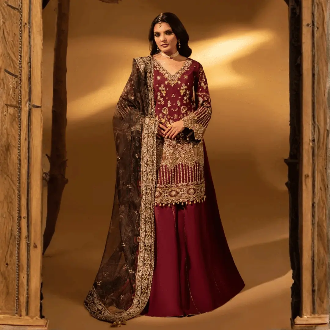 Violet Bloom | Aylin – Maroon Hand-Embellished Raw Silk Gharara Set with Organza Dupatta