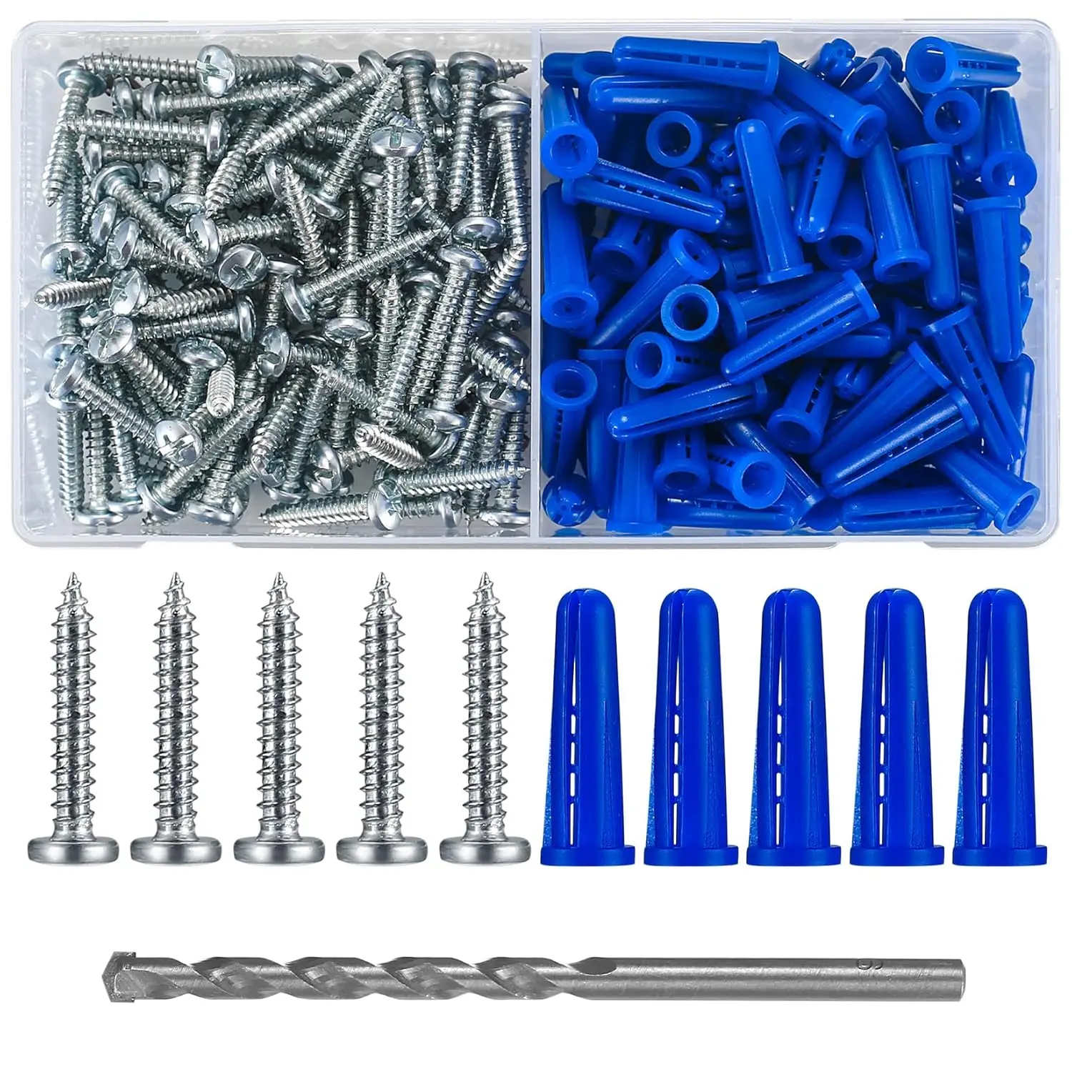 200 count Conical Concrete Wall Anchors and Screws for Drywall, 10# Blue Conical Anchor and Self Tapping Screws, Includes 100 count Drywall Anchors, 100 Pan  Screw, 1 x Drill Bit (Blue)