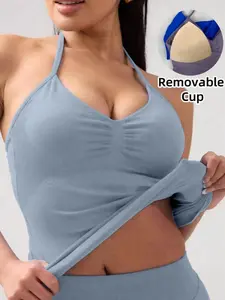 Solid Grey Halter V-Neck Workout Top, Removable Padded Yoga Cami, Seamless Quick Dry Sports Tank, Aesthetic Y2K Style