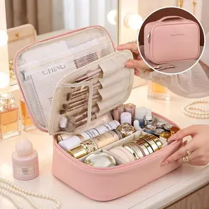 Portable Makeup Travel Makeup Bag, Large Capacity Cosmetic Bags for Women, Portable Waterproof Travel Makeup Organizer with Adjustable Divider and Handle, Pink,Perfect Gift