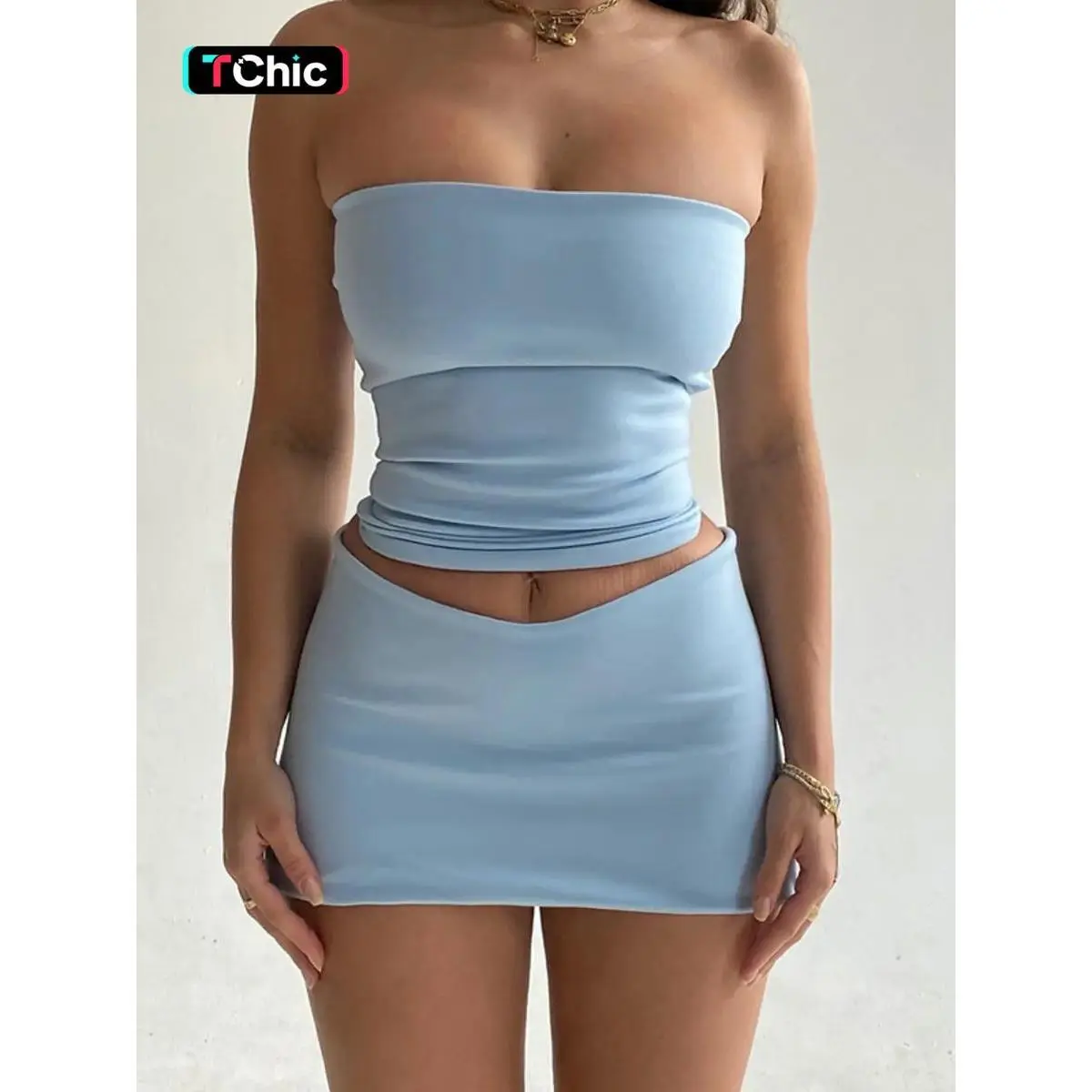 Two-Piece Set Women's Solid Crop Ruched Tube Top & Bodycon Mini Skirt Set, Sleeveless Strapless Backless Top & Skirt Set for Party Club Dating, Ladies Summer Clothes, Summer Outfits