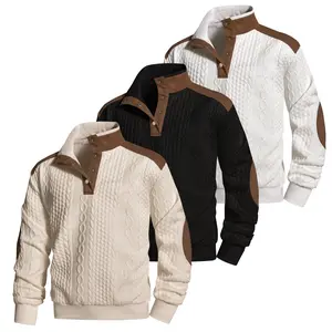 Men's Solid Color Diamond Pattern Half Placket Button Pullover Sweater with Patchwork Design, Suitable for Spring and Autumn Wear