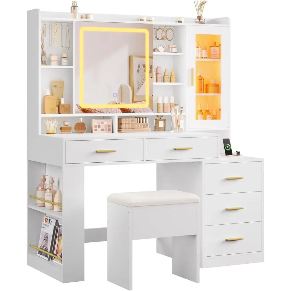 Sikaic Makeup Vanity Desk with Sliding LED Lighted Mirror, 47.2"W Large Vanity Desk with Drawers, Shelves and Side Storage, RGB Glass Cabinet, White Vanity Table Set with Charging Station for Bedroom