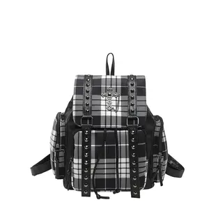 2026 New Plaid Large-Capacity Backpack with Sweet and Cool Trendy Rivet Design, Wasteland Style, Versatile for Casual Travel, Women's Backpack