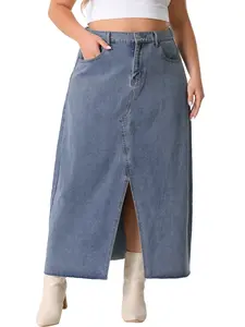 Agnes Orinda Women's Plus Size Vintage Denim Maxi Skirt Frayed Raw Hem High Waist Front Slit Long Jean Skirts Gray Blue