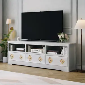 White Farmhouse & Mid Century Modern TV Stand (70 Inch) for Up to 85 Inch TVs, Entertainment Center with Carved Storage Drawers & Open Shelves, Versatile Media Console for Living Room