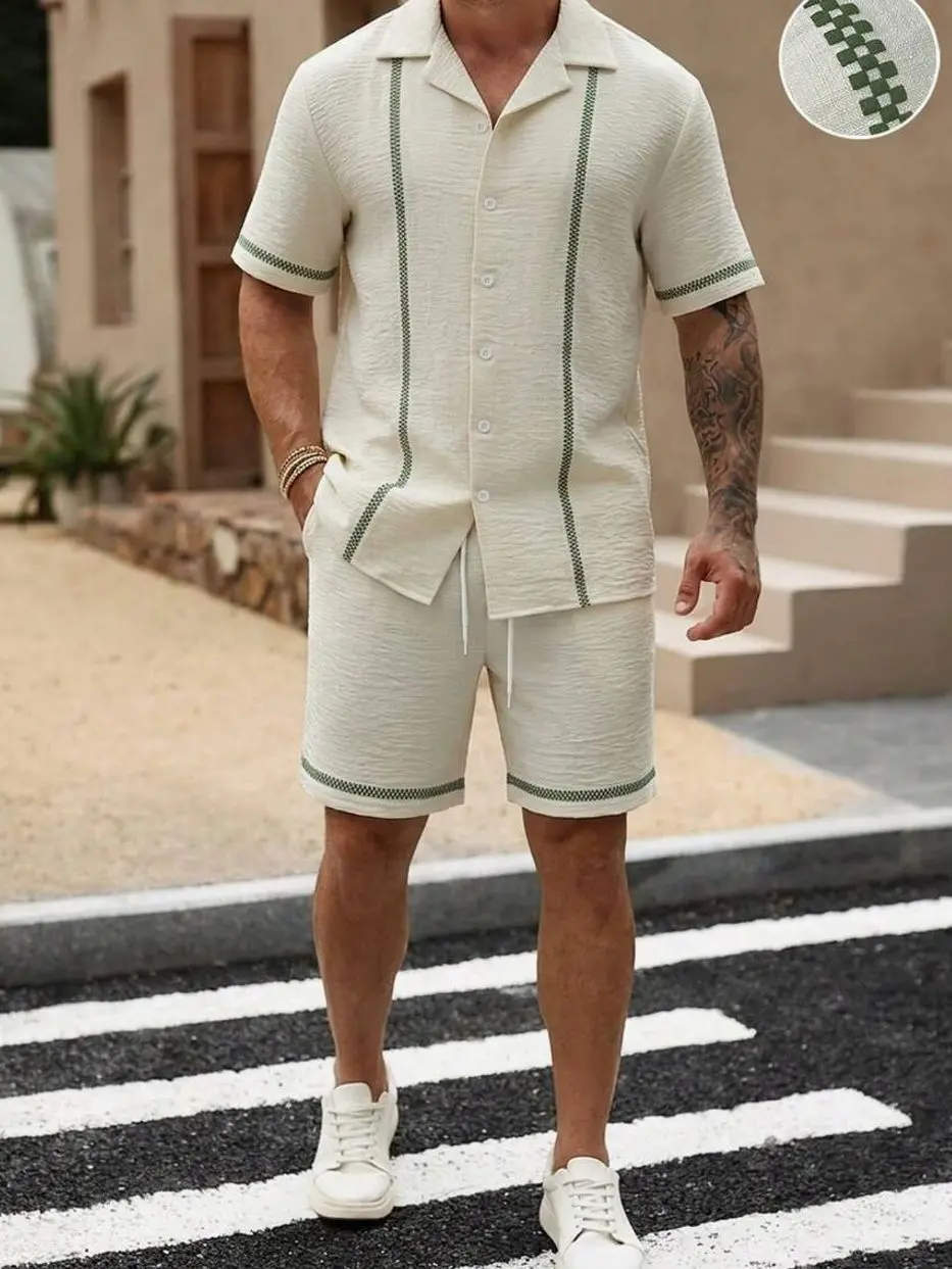 Men's 2 piece sets - Men's Green Striped 2-Piece Set, Lightweight Crinkle Fabric Button-Down Shirt & Drawstring Shorts Vacation Wear men shorts summer clothing trending clothing trending clothes male clothing shorts for the summer men 2 piece sets