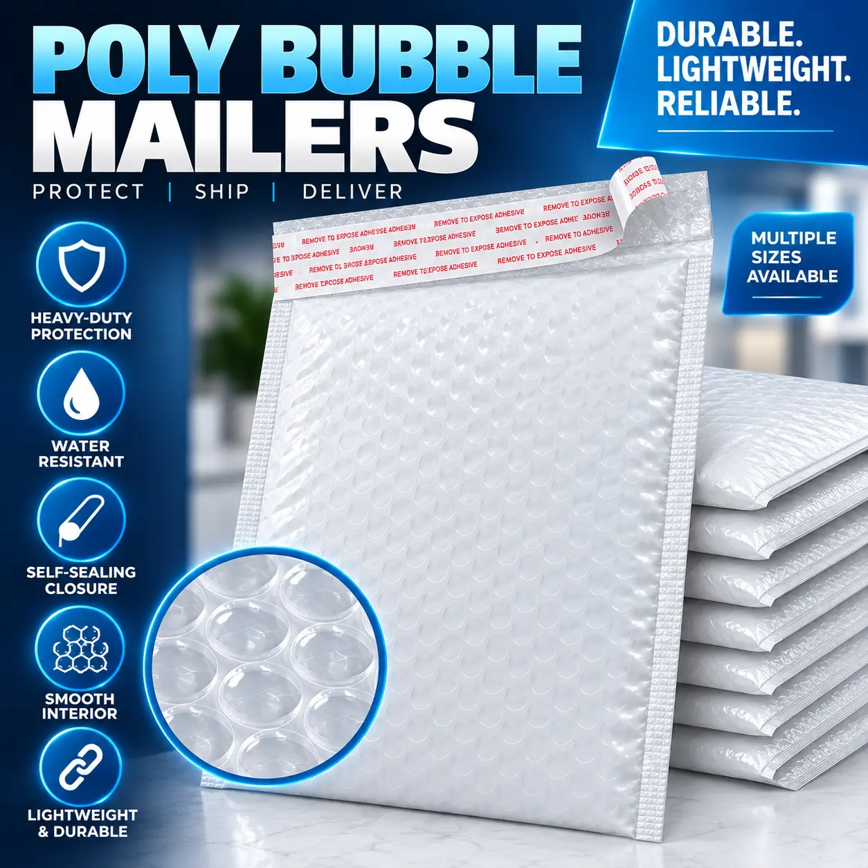 USA-Made Padded Bubble Mailers, 50-Pack Self-Seal Envelopes with 4x8, 6x10, 12x8.5 Sizes, Lightweight Durable for Daily Shipping (Office Postal Supplies)