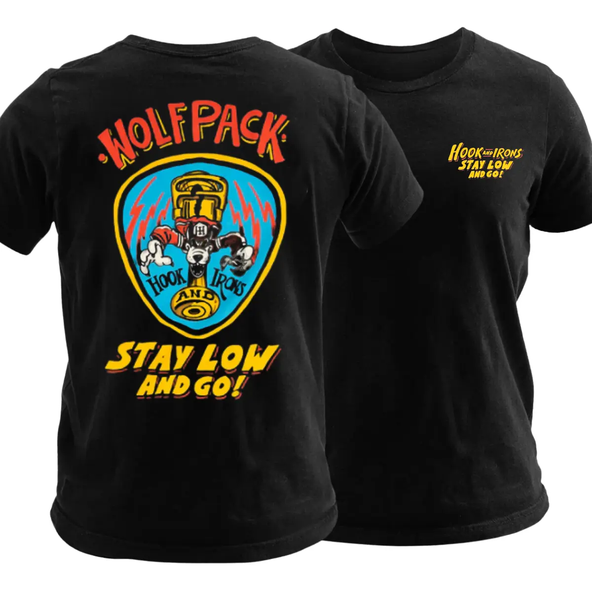 Wolfpack Firefighter T Shirt, Vintage Hook and Irons Co Cartoon Graphic Tee, Soft Cotton Blend Shirt, Stay Low and Go Firehouse Apparel, Funny Firefighter Gift for Men