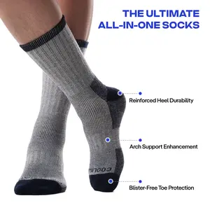 3 Pairs Grey-Navy CoolMate Merino Wool Hiking Socks for Men, Super Thick Warm Winter Thermal Crew Socks with Arch Support & Blister-Free