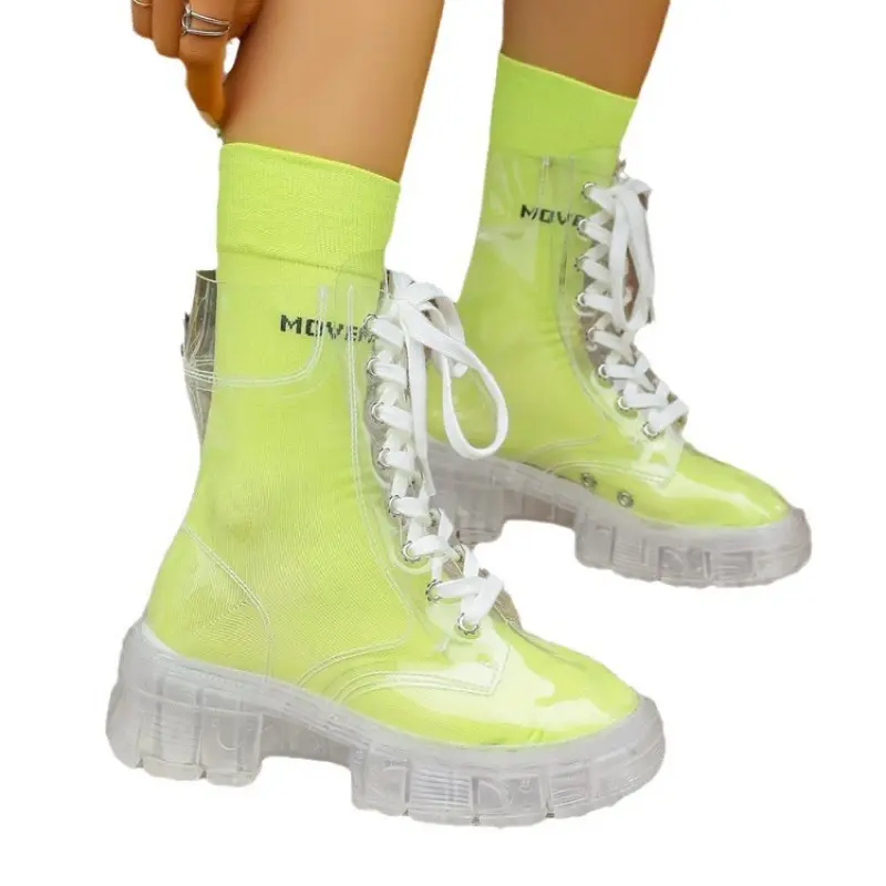 Women'S Transparent Boots - Slip-On Lace-Up Ankle Boots with Thick Platform Sole, Non-Slip TPR Sole & PU Cover Upper - Large Size Casual Shoes for Everyday & Formal Outfits