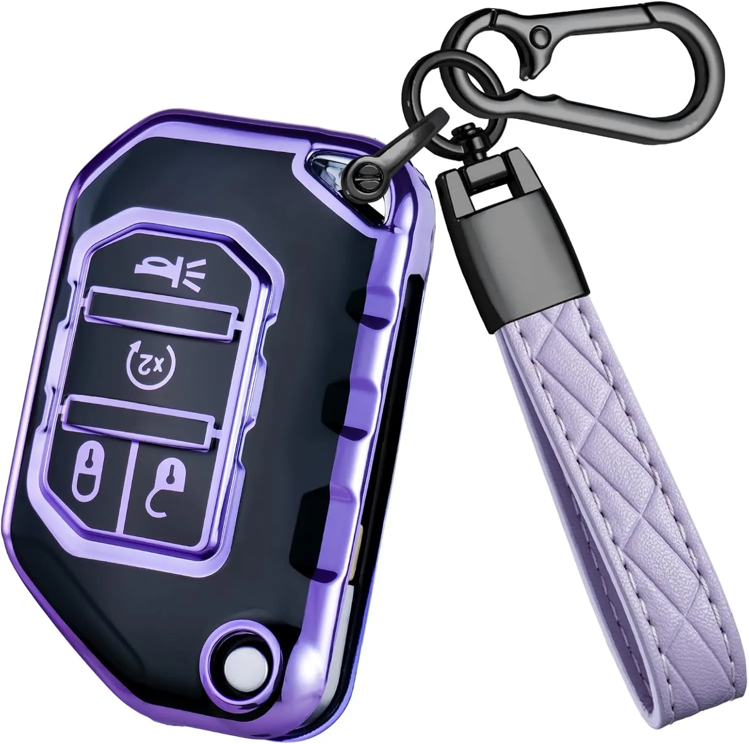TPU Key Fob Cover Shell Protector for Jeep 4-Button Flip Key, Compatible with Jeep Wrangler JL JLU Rubicon Gladiator JT Sahara, Purple, Tpu Shell