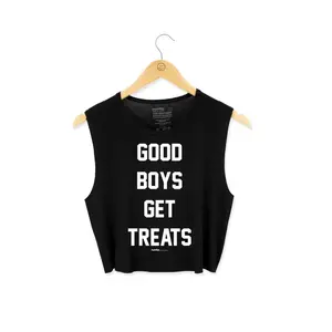 Good Boys Get Treats Crop Top - Sleeveless Black Casual Top with Printed Text for Women