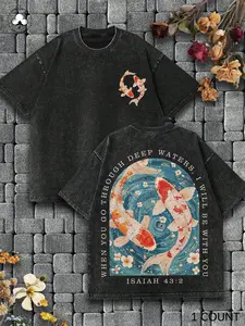 Unisex Streetwear Vintage Short Sleeve Fitted T-Shirt, Front and Back Koi Fish Print with Isaiah 43:2 Bible Verse, Christian Fashion for Youth, Daily Outfits and Casual Wear