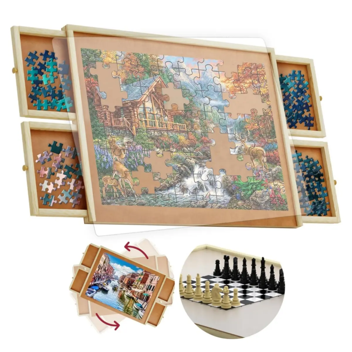 1500 Wooden Puzzle Boards - 4 Drawers, Rotating Puzzle Table, Chess Set ...