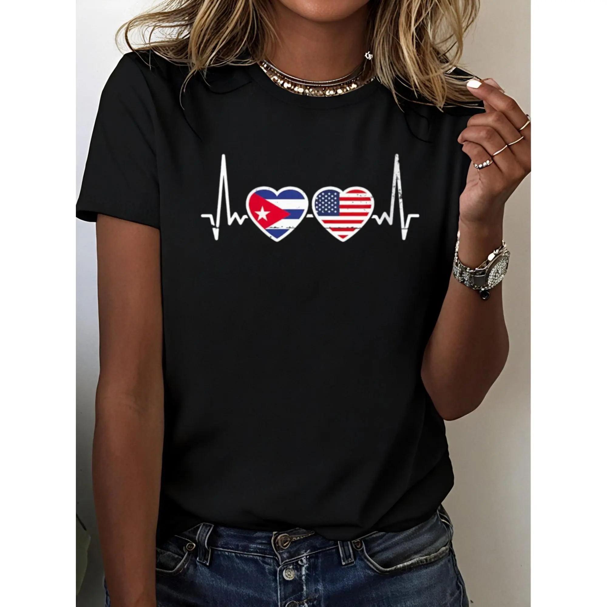 Women's Patriotic T-Shirt with USA-Cuba Heartbeat Print, Fitted Cut 100% Cotton Short Sleeve Round Neck Casual Top, Shortsleeve, Tshirt, Lady