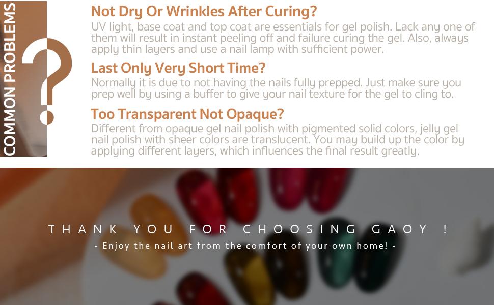 Gaoy Wonder Color Jelly Gel Nail Polish Kit, 6 Transparent Sheer Shades (Black, Red, Hot Pink, Green, Brown) for Salon Manicure & Home Nail Art DIY