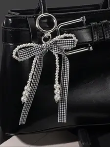 Chic Gingham Bow Pearl Keychain, Stylish Keychain, Backpack Accessory, Bag Charms, Keychain For Bags, Unique Beaded Phone Case Charm, Simple Butterfly Knot Car Accessories, Keychain Kawaii