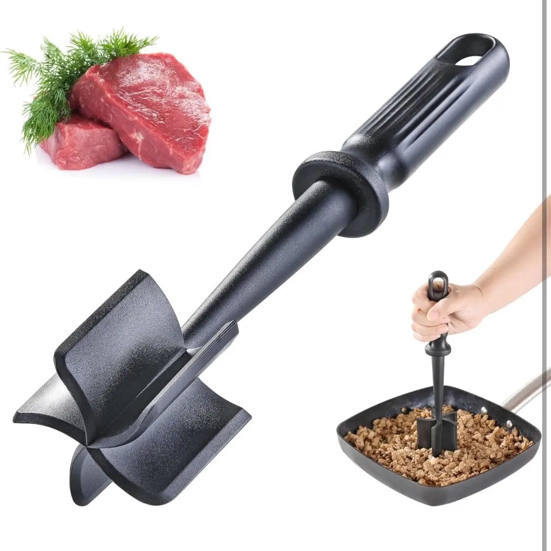 Meat Chopper for Ground Beef, Heat Resistant Hamburger Meat Chopper, Nylon 5 Curved Blades Ground Beef Smasher, Non-Stick Meat Masher, Mix and Chop Kitchen Tool (Black)