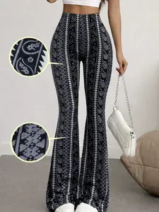 Womens High Waist Boho Flare Pants Tribal Print Stretch Bell Bottom Leggings Retro Y2K Slim Fit Wide Leg Trousers Casual Street Style Festival Outfit Soft Elastic Comfy Pants