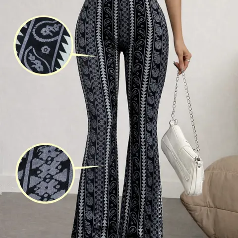 Womens High Waist Boho Bohemian Flared Flare Pants Stretchy Bell Bottoms Tribal Print Stretch Bell Bottom Leggings Retro Vintage Y2K Slim Fit Wide Leg Trousers Casual Street Style Festival Outfit Soft Elastic Comfy Pants Boho Fashion Trousers
