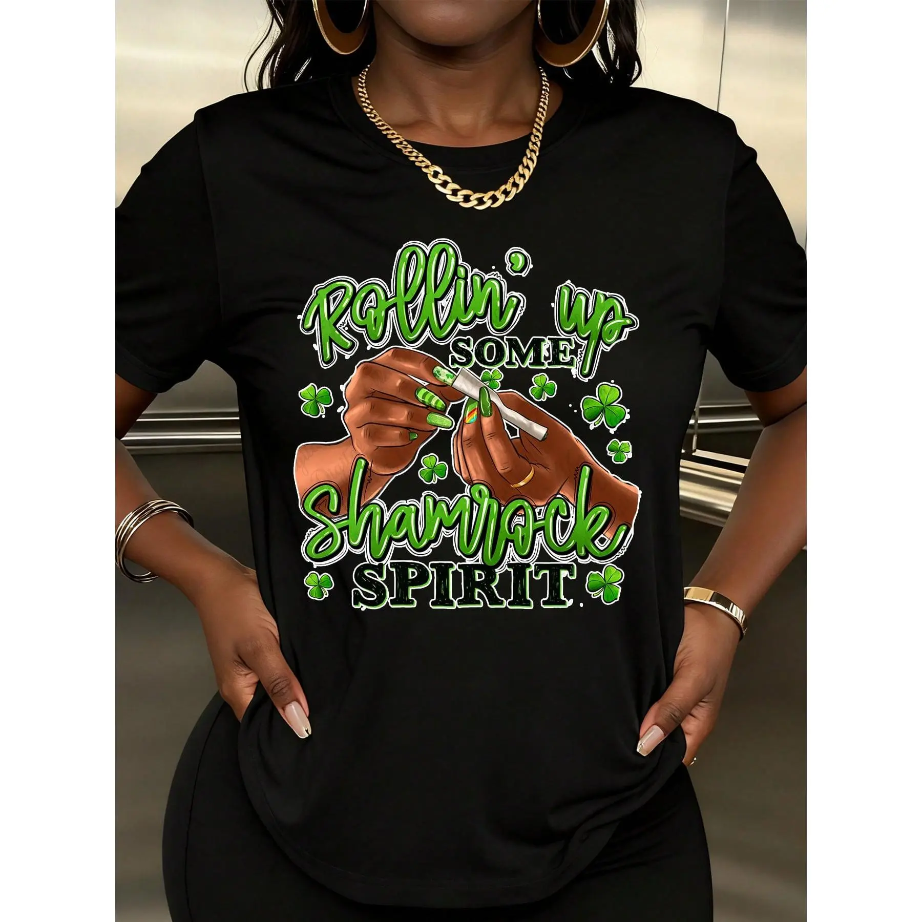 Women's Casual Clover Print T-Shirt, Short Sleeve 100% Cotton Round Neck Top for St. Patrick's Day, Shortsleeve, Casual Wear, Tops, Piece, Regular Fit, Full Back, Clover Motif, Fabric, Tshirt, Streetwear, Basic, All Seasons, Chic