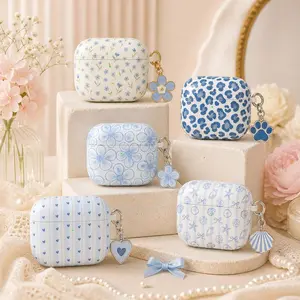 Blue Floral AirPods Case Set, Cute Coquette AirPods Gen 1 2 3 4 Pro Cover, Girly Aesthetic Earbuds Case, Floral & Pattern Bundle,No Keychain