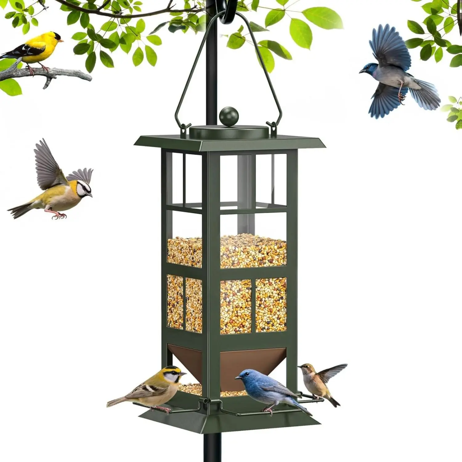 Wildpark Hanging Bird Feeder with Bird Feeder Pole - 1.36 kg (3.20 lbs) Durable Heavy Metal Frame, Shatter-Resistant Acrylic, 360° View Feeding, Weatherproof, Dry Seed Funnel Design, Outdoor Backyard Oasis Use, Thoughtful Gift, Feeding Tools