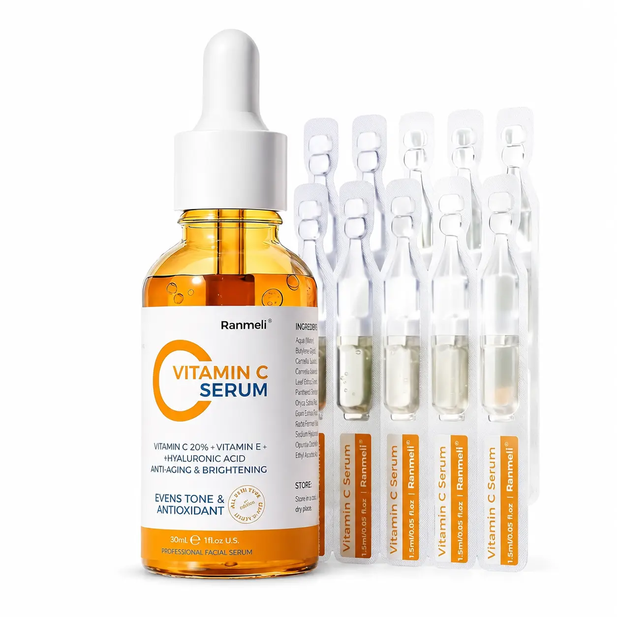 Natural Vitamin C Facial Serum with Sodium Hyaluronate - Anti-Aging, Brightening, Skin Repair for Dark Spots, Fine Lines - All Skin Types - 1 fl.oz + 0.05 fl.oz x 10 Glow Serum