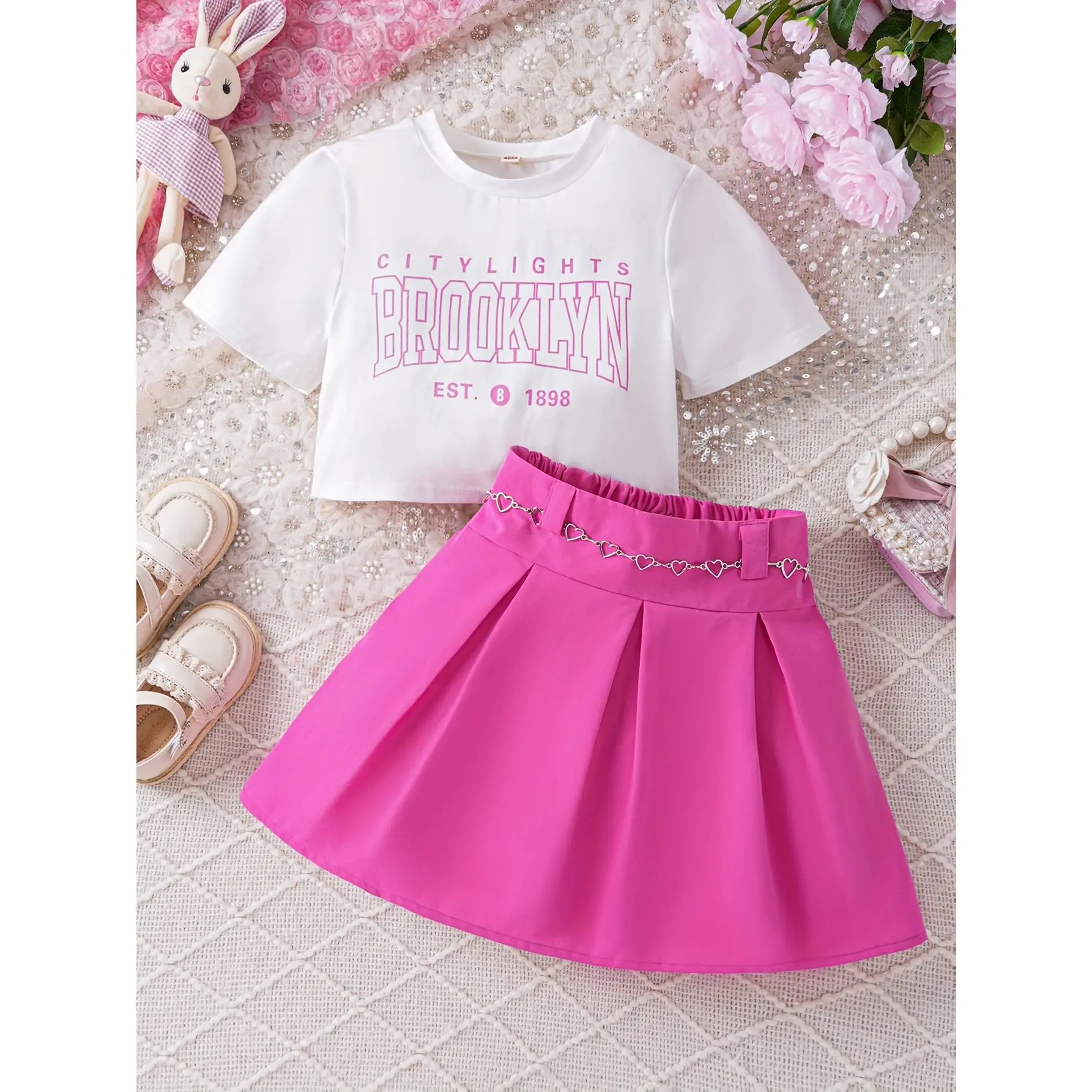 Girls' 2-Piece Outfit Set - Graphic Mini Crop Top and Fitted Short Polyester Skirt, Casual Summer Clothes for 11-12Y