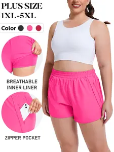 COOTRY【PlusSize】Women's Solid Color Double-Layer Athletic Shorts with Pockets Casual Comfy Breathable Skinny Shorts for Daily Wear Plus Size High Waisted Quick Dry Gym Running Workout Clothes with Zip Pockets 3 Inch