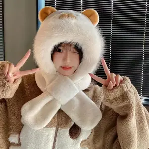 Panda Hat Scarf Integrated Autumn and Winter Windproof Cycling Warm Plush Scarf Hoodie Two-Piece Set