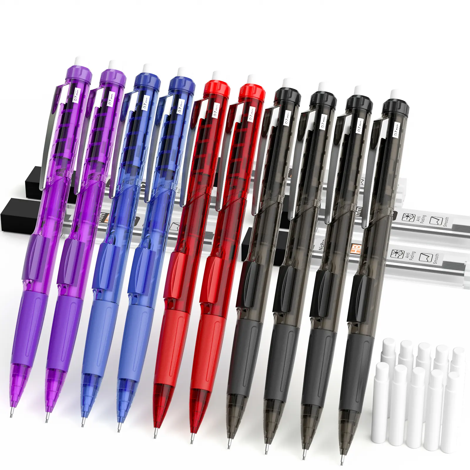 Nicpro 0.7mm Refillable Mechanical Pencil Bulk Set - 10-Pack Multicolor Writing Stationery with Non-Slip Grip, Flexible Grip, Retractable Nib, 5 Tubes HB Lead Refills, 10 Eraser Refills for Daily Use, Office Supplies