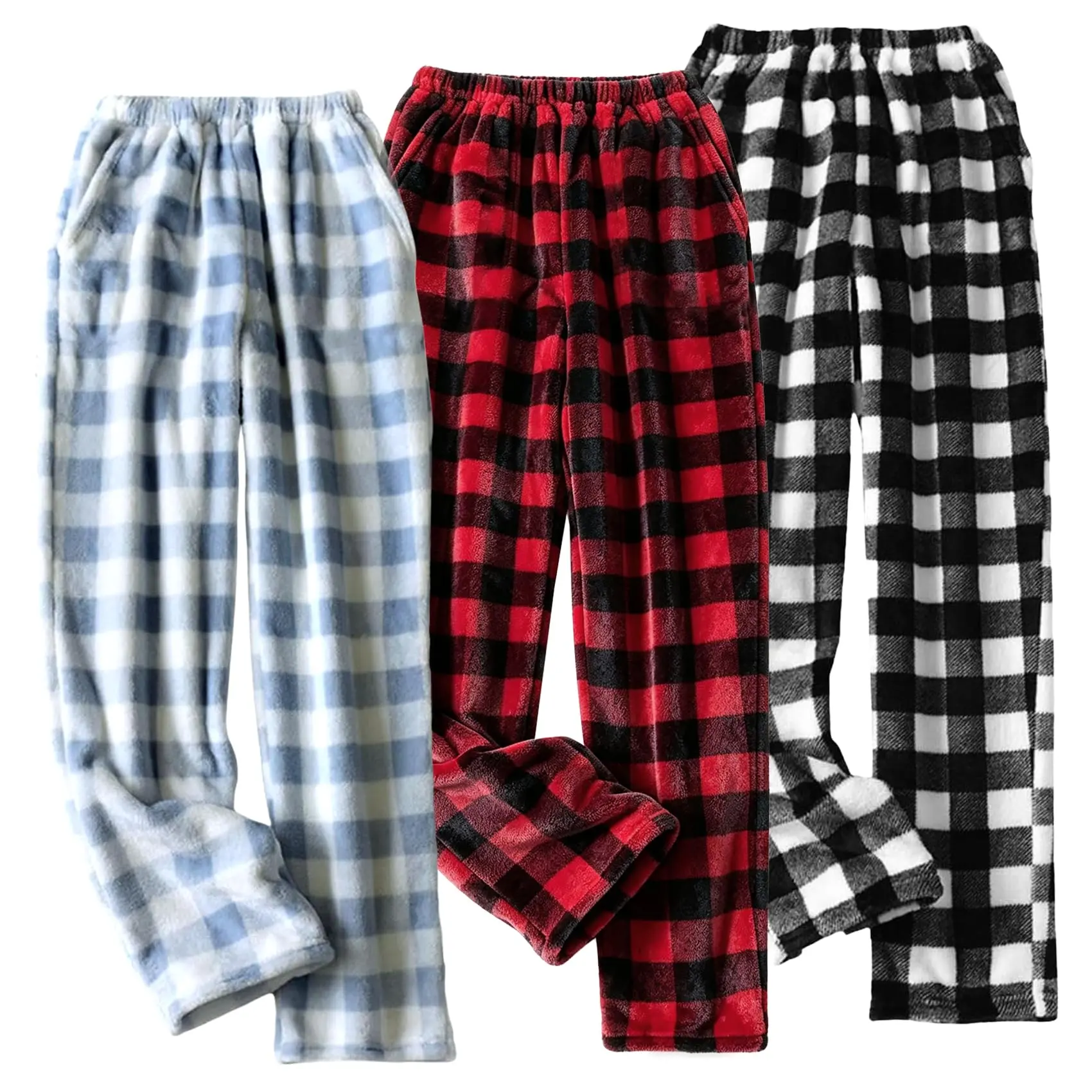 Gihuo 3-Pack Men's Classic Fuzzy Plaid Fleece Pajama Pants, Soft Warm Buffalo Check Fabric Lounge Bottoms, Elastic Waist with Pockets for Fall Winter