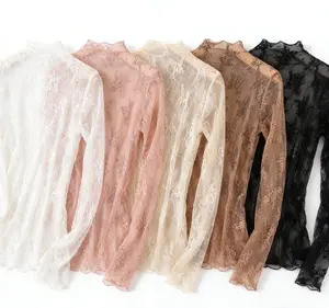 New High end Lace Bottom Shirt for Women Tight Long Sleeve Mesh Top Sexy Interior Small Shirt