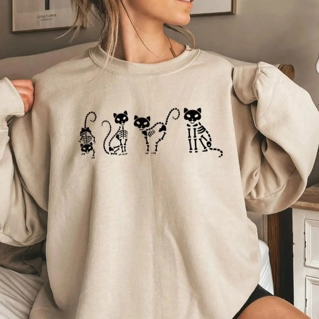 Cat Skeleton Halloween Sweatshirt, Black Cat Skeleton Crewneck, Spooky Season Halloween Sweatshirt, Cozy Fall Cat Lover Apparel, Cute Autumn Outfit, Halloween Gift for Women & Men