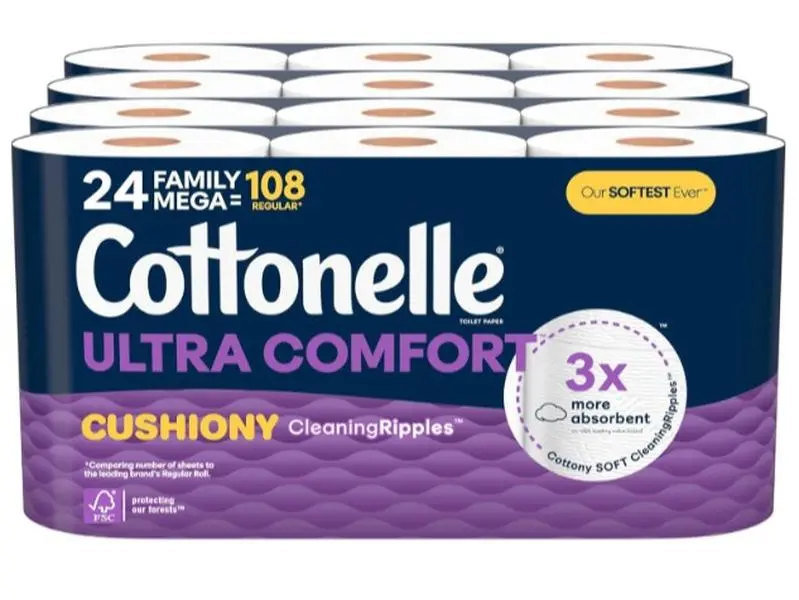 Ultra Comfort Toilet Paper with Cushiony CleaningRipples Texture, 24 Family Mega Rolls (24 Family Mega Rolls = 108 Regular Rolls) (4 Packs of 6), 296 Sheets per Roll, Packaging May Vary Disposable Unscented