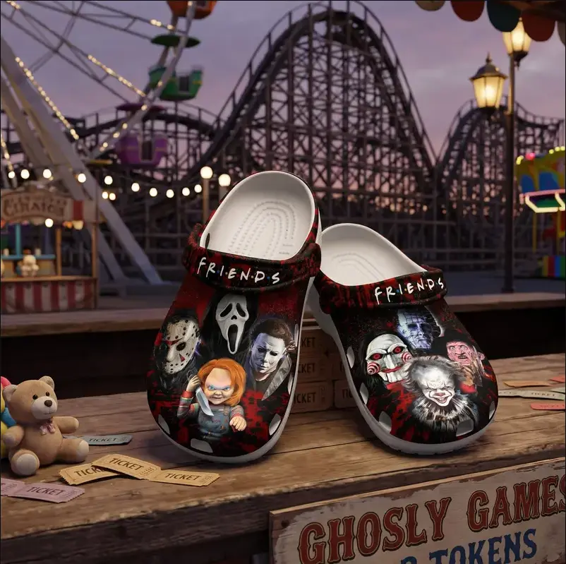 [No Box] Horror Friends Clogs | Halloween Horror Shoes | Scary Graphic Print Clogs | Unisex Lightweight Casual Shoes | Creepy Gift for Horror Fans