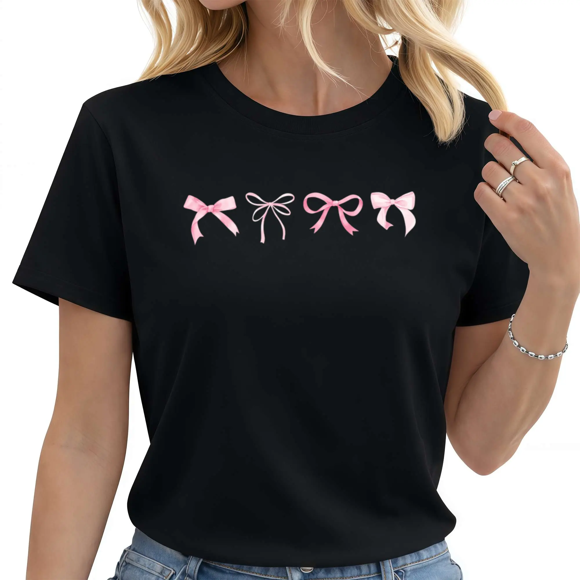 Women's Coquette Blush Pink Bow Graphic Cotton T-Shirt, Customized Loose-Fit Balletcore Top, 1-Piece Womenswear