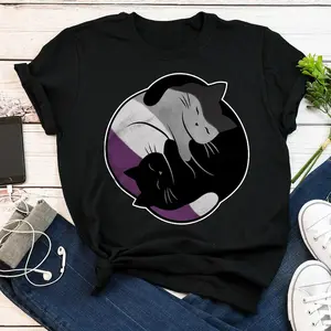 Asexual Pride Shirt, Women Men, Ace Flag Gift, LGBT T-shirt, Gay Pride Month Festival Tee, Asexual Tops, Clothing, Yin Yang Cat, Subtle Summer Black