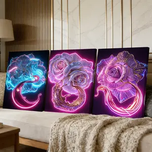 3 Counts Wooden Framed Canvas Painting, Neon Glow Flower Art Images, Rose Print, Exquisite Poster, Perfect Gift, Decor For Living Room, Bedthroom, Modern Art, Fashion Family Poster, Wall Art Decoration