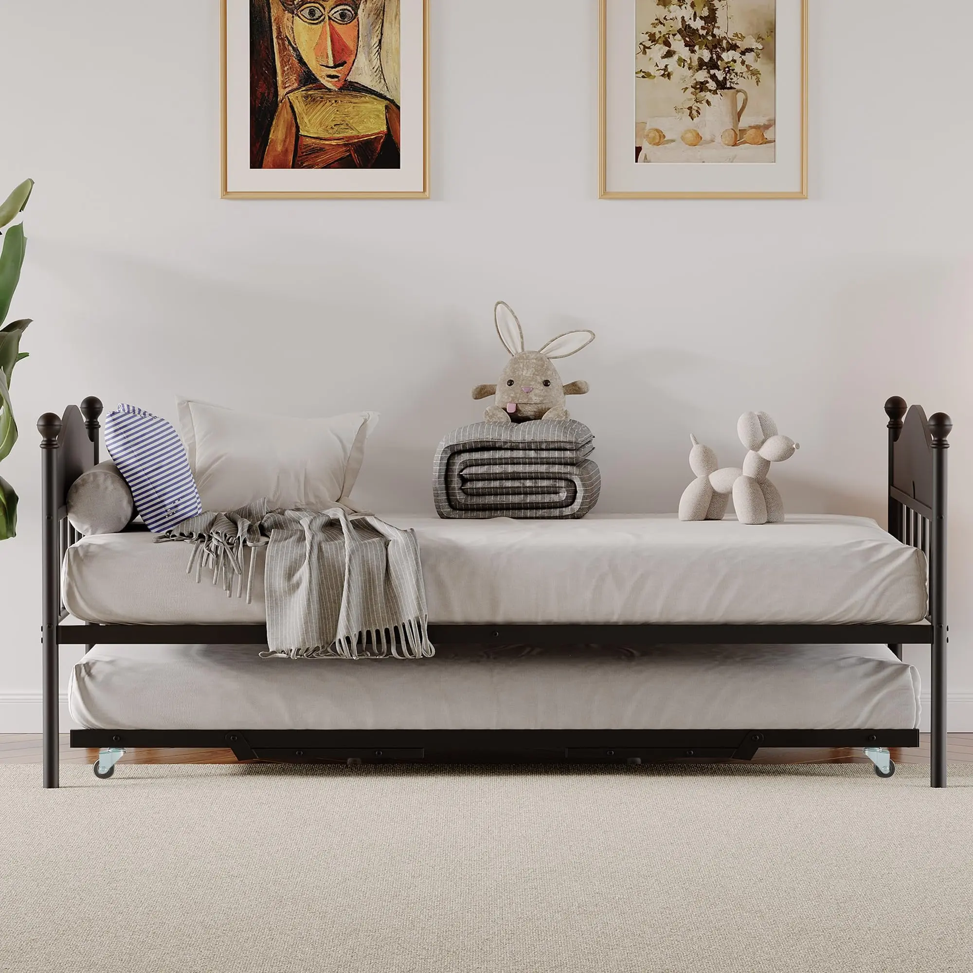 Garvee Cama Individual con Cama rodar, Marco de Cama Individual con Cama rodar Plegable de Metal Resistente, sofá Cama con cabecera Elegante para Sala de Estar, recámara y habitación de Invitados, Color