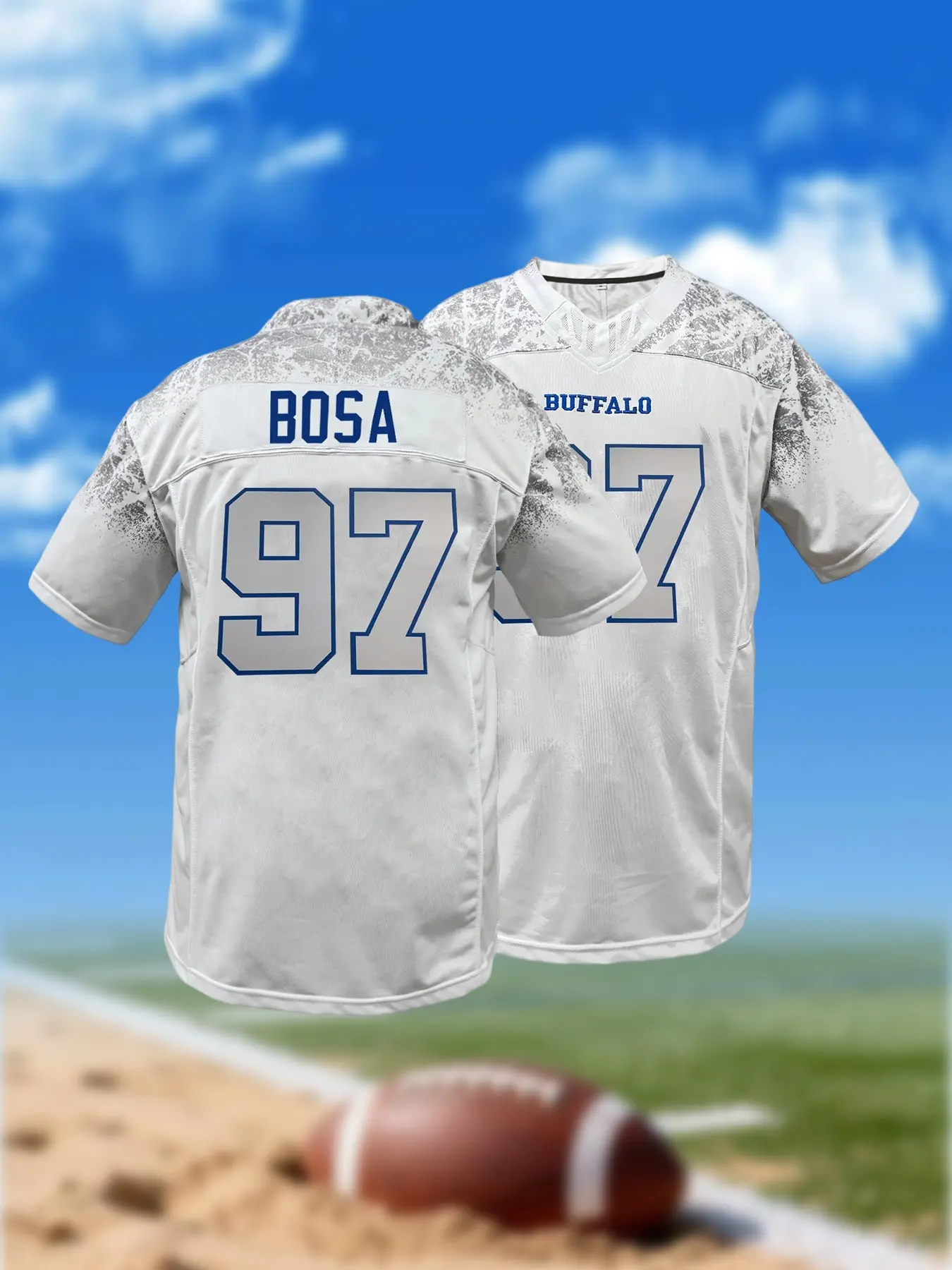 Men's #97 White American Football Jersey, Classic Buffalo Embroidery, V-Neck Loose Fit Short Sleeve Sports Football Shirt, Jersey Shirts, Suitable For Casual Everyday Wear, Match Training, Street Hip-Hop Style, Valentine's Day Gift, Unisex