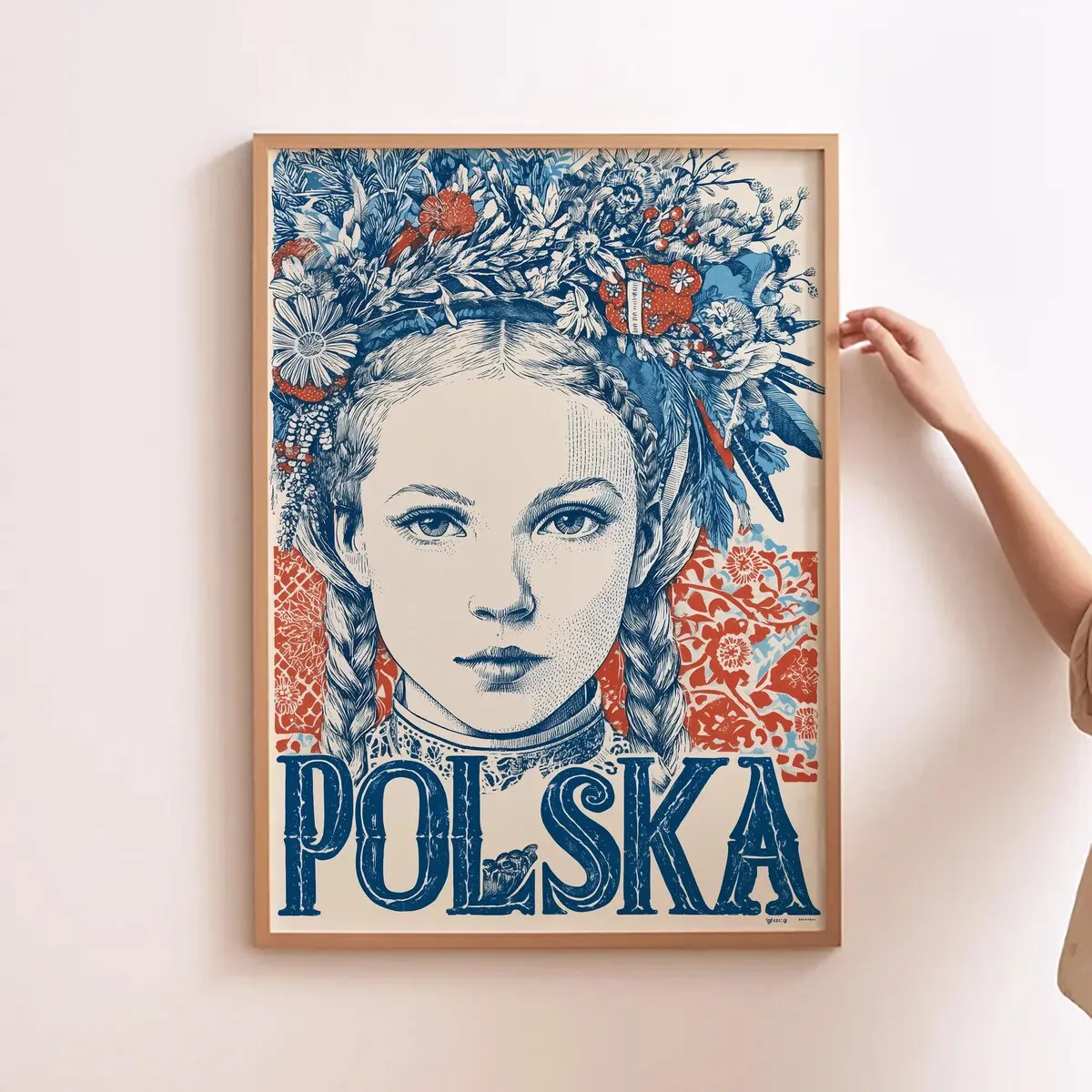 Poland Folk Art Poster – Polish Girl with Braids in Traditional Slavic Dress, Vintage Style Illustration, Cultural Wall Art, Unframed
