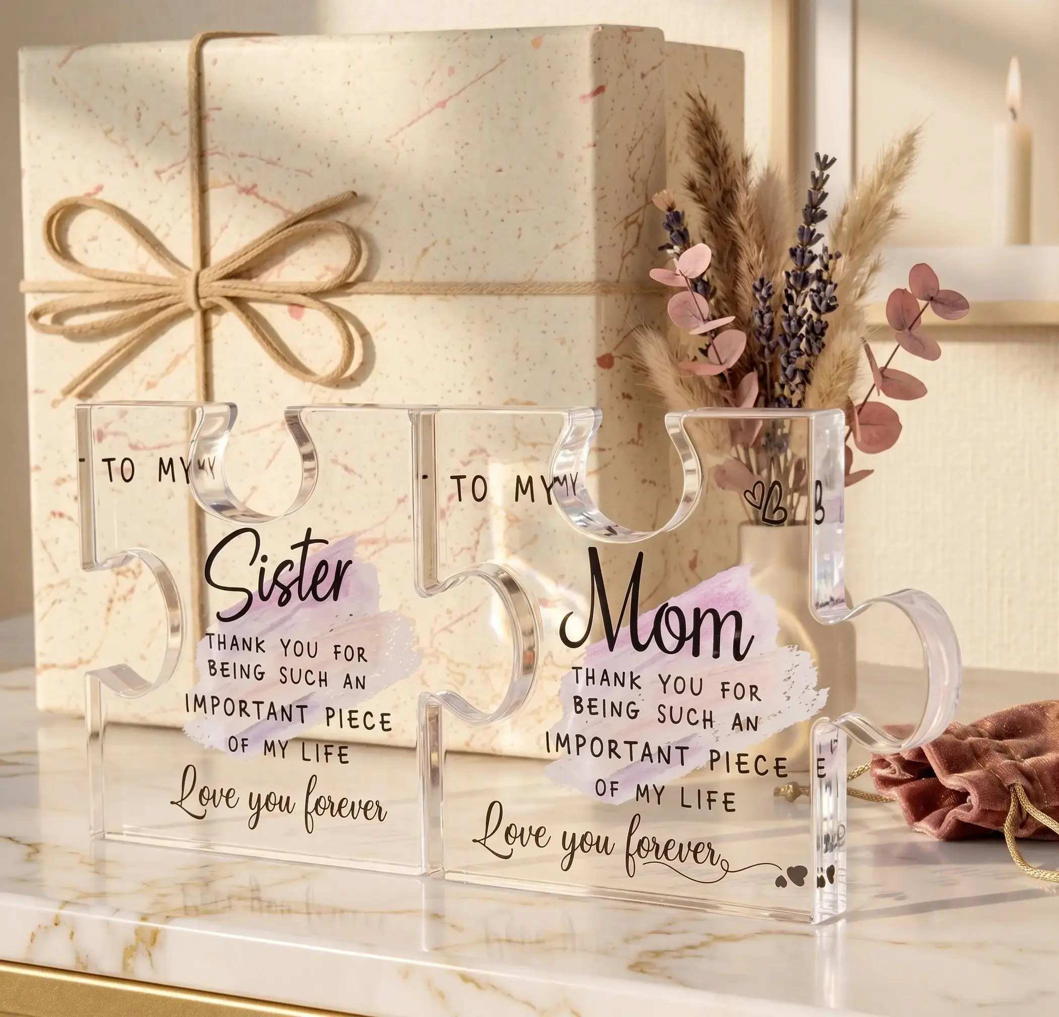 2PCS Multi-Size Acrylic Mom & Sister Puzzle Set - 4x4.8" Jumbo, 3.5x4" Mini, Minimalist Modern Flat Desk Decoration, Family Bonds Gift Idea, Protective Film Included Home Decor Party Favor