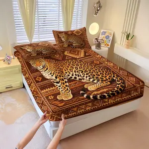 3Pcs American Retro Leopard Fitted Sheet Set, Classic Earth Wild Color Tone. Full Wrap To Extend Mattress Lifespan. Breathable All Season Home Sleeping Bedding.